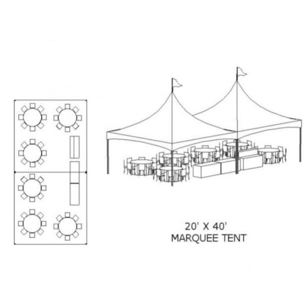 20 by 40 marquee tent illustration with round table layout
