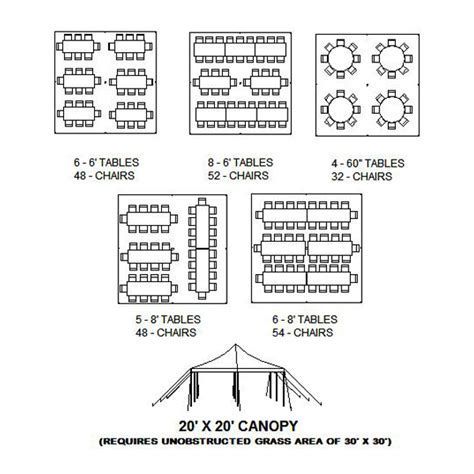 Five seating variations for a 20 by 20 canopy