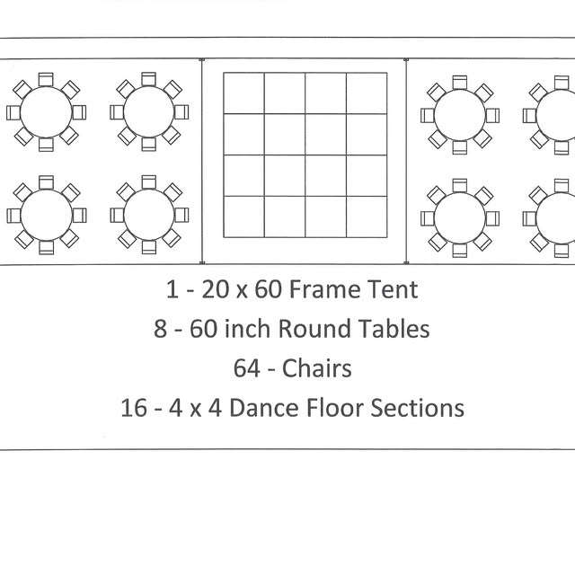 Floor plan: 20 by 60 foot frame tent with eight round tables and a sixteen-section dance floor