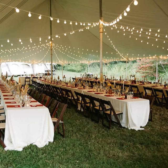 Coastal event setup at golden hour
