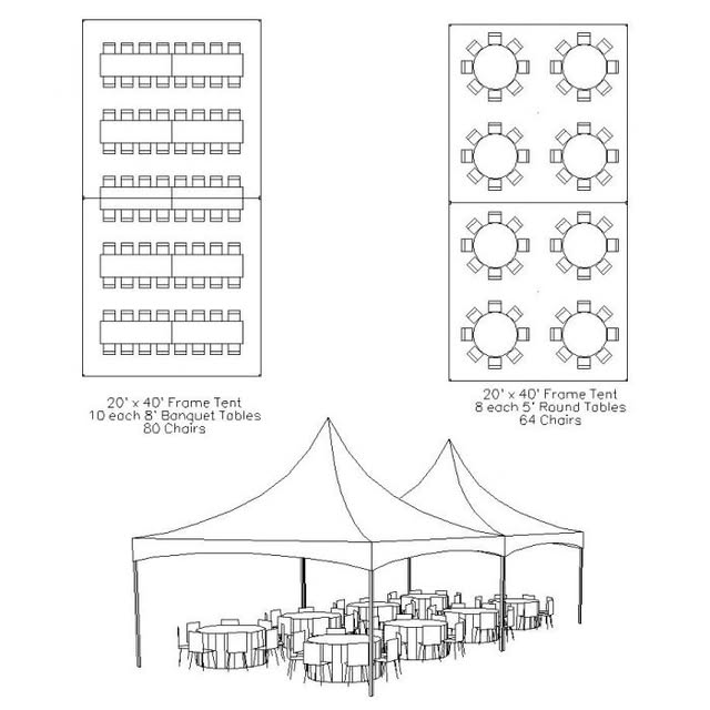 20 by 40 frame tent with mixed banquet and round table seating