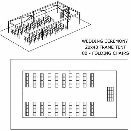 Wedding ceremony floor plan inside a 20 by 40 frame tent with 80 folding chairs