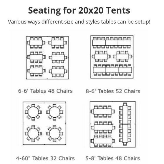 Four seating layouts for 20 by 20 tents