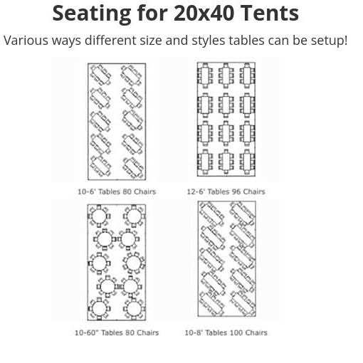Four seating layouts for 20 by 40 tents