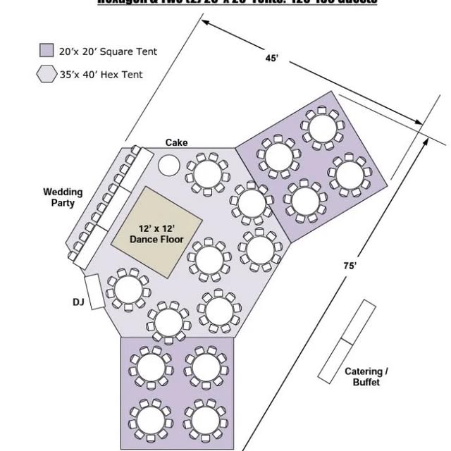 Floor plan combining two 20 by 20 hex tents with dance floor and catering area