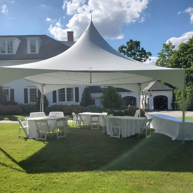 Wedding reception tent with banquet tables