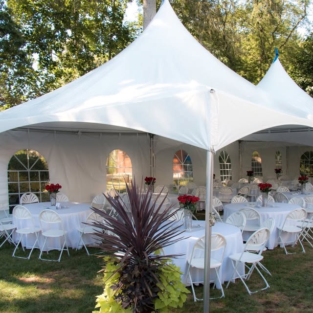 Reception tent interior with chandeliers